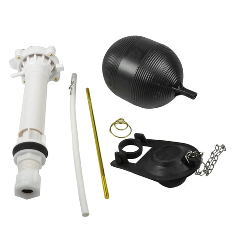 Image of Complete Toilet Repair Kit with fill valve, flapper, rod, and float replacement parts for leaky toilets, white components.