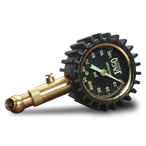 JACO Elite Tire Pressure Gauge, 100 PSI, brass stem with knurled grip and black rubber guard