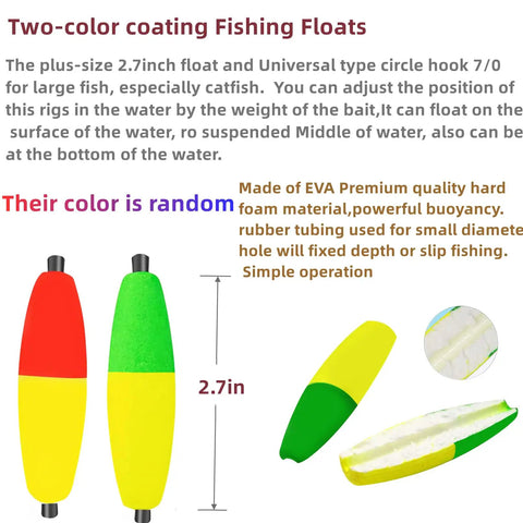 Two-color EVA fishing floats with 2.7-inch size for Six Piece Catfish Fishing Rigs Ready Kit With 2 In 1 Rotating Rattles