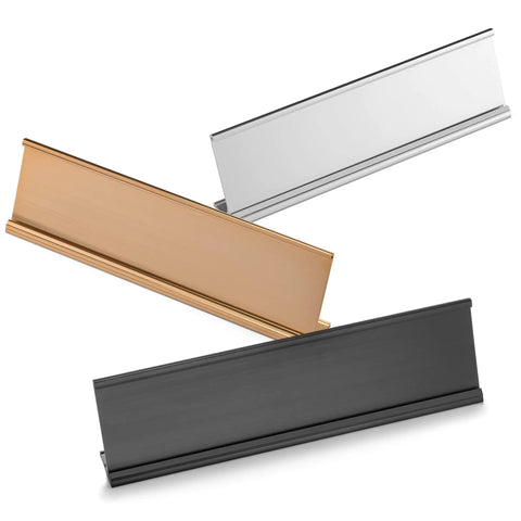 Custom Desk Name Plate With Aluminum Holder For Office Signage, shown in three colors, two lines laser engraved text possible, 2x8 in