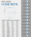 Diagram of 13 die sets included in the Beefed Up Hydraulic Wire And Battery Cable Lug Crimping Tool Kit 12 AWG To 2/0 AWG.
