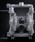 Tough As Nails Air Operated Double Diaphragm Pump Featuring One Point Five Inch Ports And Polypropylene Construction For Reliable Waste Oil And Chemical Transfer At 50 Gpm, showcasing 1-1/2 inch inlet and outlet ports.