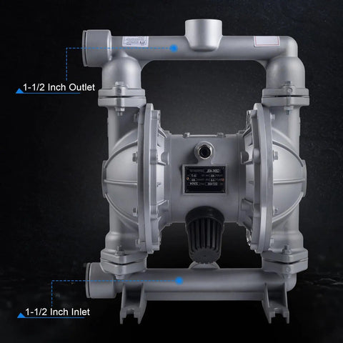 Tough As Nails Air Operated Double Diaphragm Pump Featuring One Point Five Inch Ports And Polypropylene Construction For Reliable Waste Oil And Chemical Transfer At 50 Gpm, showcasing 1-1/2 inch inlet and outlet ports.