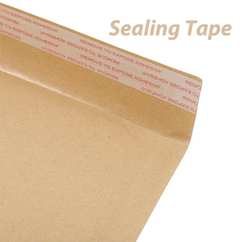 Close-up of sealing tape on Khaki Kraft Bubble Mailers Set 22x34cm Drop Resistant Padded Envelopes, showing adhesive strip for secure closure.