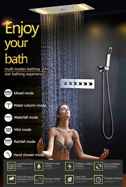Heavy Duty 15 By 28 Inch Led Ceiling Rain Shower Head With Handheld Spray Antique Brass Finish, showcasing waterfall mode.