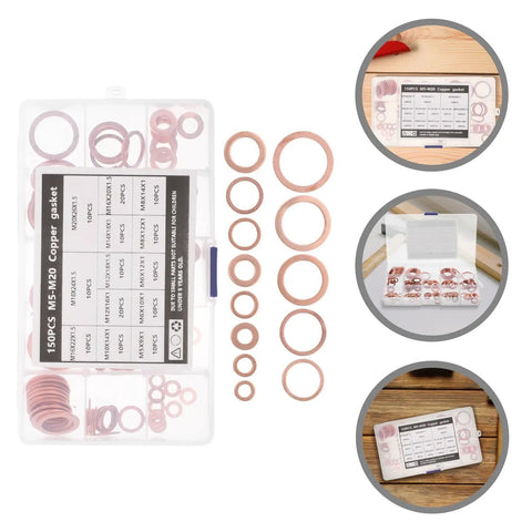 Copper Crush Washer Set 150 Pcs For Oil Drain Plug Gasket Kit With High Thermal Conductivity, Leakproof Seals, Boxed Storage, Versatile Sizes For Cars Trucks And DIYers, assorted rings in case