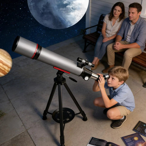 Child using 90mm Aperture Refractor Telescope For Beginners With 600mm Focal Length Portable Astronomy Kit by moonlight