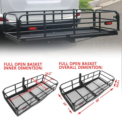 Heavy Duty Hitch Mount Cargo Carrier For 2 Inch Receiver 60 By 24 By 14.4 Inch Folding Luggage Rack attached to vehicle back