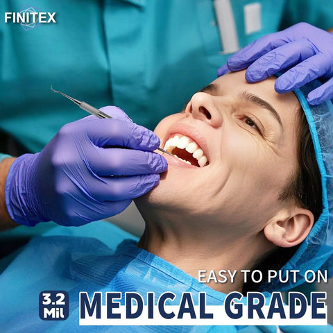 Dentist wearing Ice Blue Nitrile Exam Gloves 3.2mil Thick 1000 Count Powder Free Latex Free Medical Grade Gloves working on patient.