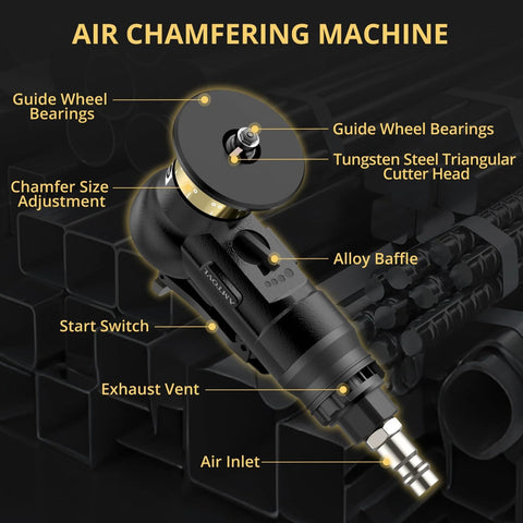 AMTOVL pneumatic chamfering tool; black metal body, 1/4" air inlet, 45° chamfer, 10 C-angle & 10 R-angle blades