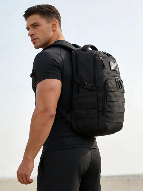 Side view of person wearing Durable Military Style Tactical Backpack For Men 30L 20 Inch Assault Pack In Black With MOLLE System