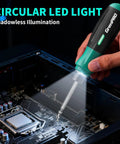 Heavy Duty Cordless Electric Screwdriver Kit With 51 Magnetic Bits And Integrated Led Light, Rechargeable Power Tool Built Tough For Plug And Play Furniture Assembly And No Sweat Home Projects illuminating a circuit board.
