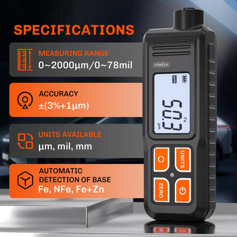 Paint Thickness Gauge For Cars, Digital Car Coating Tester With Auto Substrate Recognition And Fe/NFe/Zn Detection, 0-2000 Micrometers, Portable Coating Meter For Used Car Buyers, Auto Detailers And Shops, shown with 0-2000 µm specs