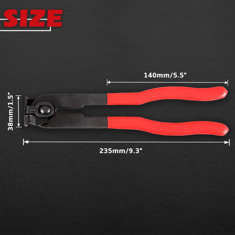 Side view of CV joint boot clamp pliers with red handles, 235mm length