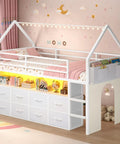 Twin Size Loft Bed With LED Lights And 8 PU Fabric Storage Drawers, House Shaped Metal Bed With Open Bookcase in kids' room