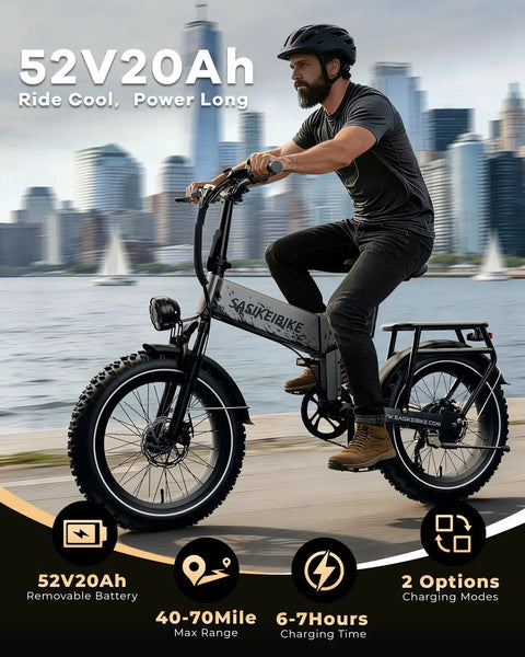 Man riding 1500W Folding Electric Bike for Adults with Removable 52V 20Ah Battery, city background, 70 Mile Max Range, Gray