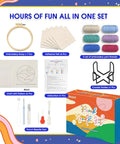 Landscape Punch Needle Coaster Kit For Beginners And Adults 6 Patterns Complete Tools Yarns Hoop Felt Pieces Coaster Holder Easy Diy Embroidery Craft Set For Home Decor box contents.