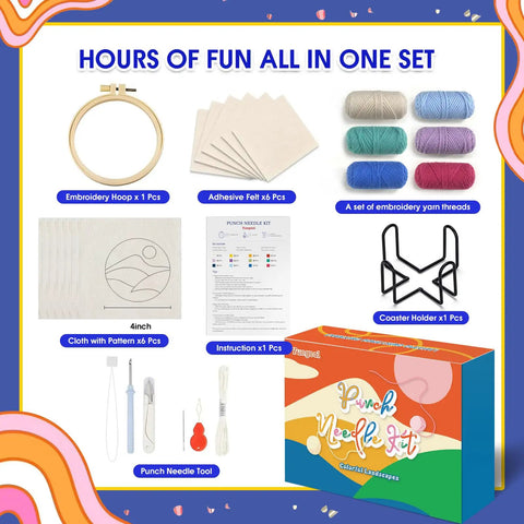 Landscape Punch Needle Coaster Kit For Beginners And Adults 6 Patterns Complete Tools Yarns Hoop Felt Pieces Coaster Holder Easy Diy Embroidery Craft Set For Home Decor box contents.