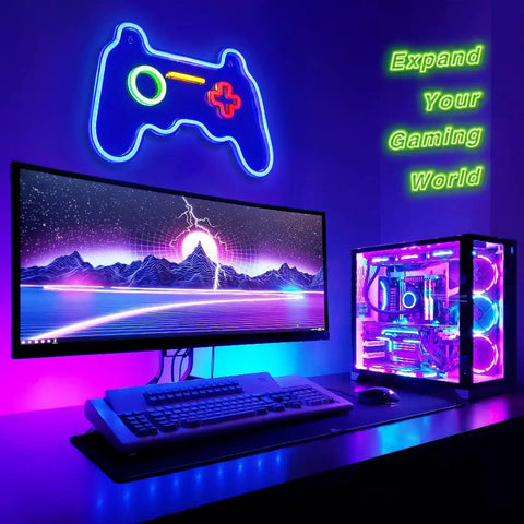 Neon Game Controller Sign LED Light for Gaming Room Decor 16x11 Inch Wall Light above gaming setup, blue high tech glow.