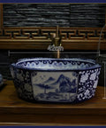 Handcrafted Blue And White Ceramic Vessel Sink With Zero Absorption Glaze Heavy Duty Build For Daily Use Knockout Countertop Basin 42cm x 16cm