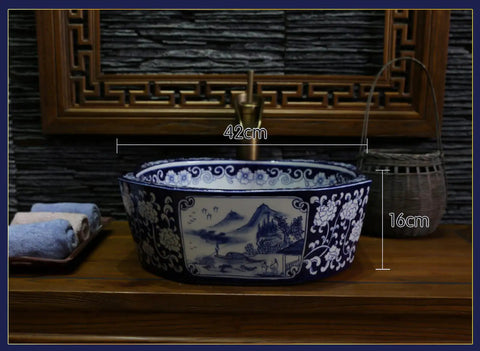 Handcrafted Blue And White Ceramic Vessel Sink With Zero Absorption Glaze Heavy Duty Build For Daily Use Knockout Countertop Basin 42cm x 16cm
