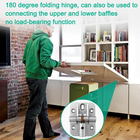 Anteisi 180-degree folding hinge, two-piece metal hardware for foldable tables or bifold doors, installed.