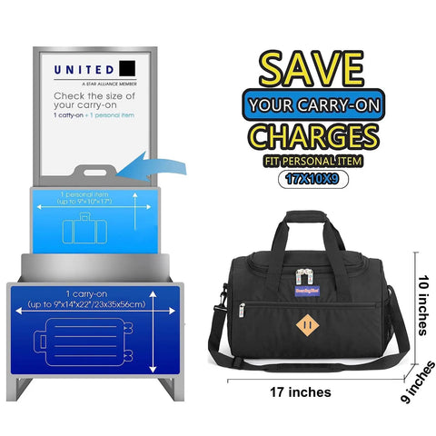 Under Seat Personal Item Duffle Bag 17 By 10 By 9 Inches That Fits United Spirit JetBlue Frontier American And Most Airlines
