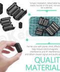 Clip-On Ferrite Ring Core EMI RFI Noise Suppressor Kit showing open and closed cable clips on hand and grid mat.