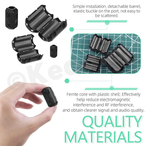 Clip-On Ferrite Ring Core EMI RFI Noise Suppressor Kit showing open and closed cable clips on hand and grid mat.