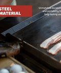 Cooking bacon on Deluxe Double Burner Steel Griddle With Extra Large 14 Inch By 32 Inch Surface Even Heat Diffusion From Built In Diffuser Plates Pre Seasoned Steel Finish For Easy Outdoor Camping And Backyard Cooking