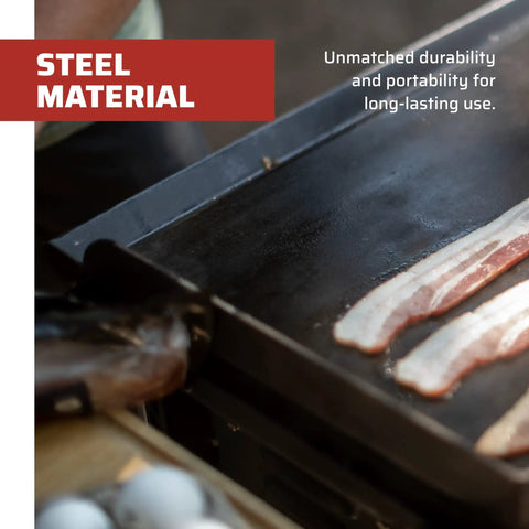 Cooking bacon on Deluxe Double Burner Steel Griddle With Extra Large 14 Inch By 32 Inch Surface Even Heat Diffusion From Built In Diffuser Plates Pre Seasoned Steel Finish For Easy Outdoor Camping And Backyard Cooking