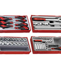 Four tool trays from the 137 Piece PRO35 26 Inch Wide Black Starter Tool Kit With 9 Tool Trays 4 Drawer Cabinet
