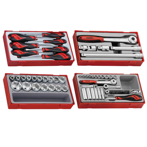 Four tool trays from the 137 Piece PRO35 26 Inch Wide Black Starter Tool Kit With 9 Tool Trays 4 Drawer Cabinet