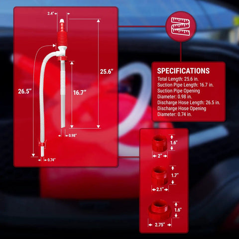 Manual Portable Fuel Transfer Pump Siphon Kit With One Hand Pump Up To Three Point Two GPM Flow Built In Hose Clip Adjustable Air Vent Cap For Slower Or Faster Flow Great For Gas Diesel And Other Fluids 1 Pack, red pump with 26.5-inch hose