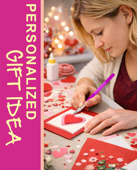 Woman crafting with the Precision Hobby Knife Set With Ten Extra Blades And A Six Inch Steel Ruler for detailed paper cutting.