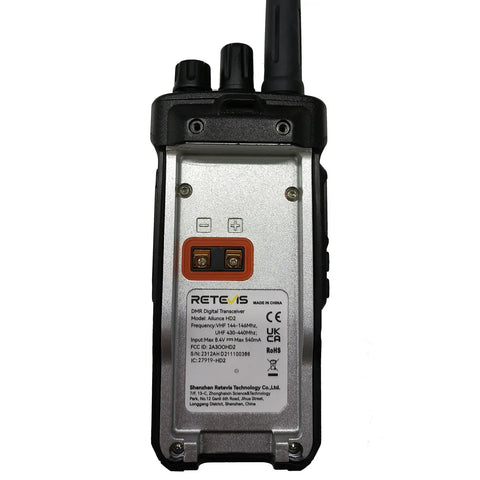 Back view of HD2 DMR Handheld Radio Dual Band Digital And Analog Two Way Radio With 500K Contacts And 3200mAh Battery IP67 Waterproof