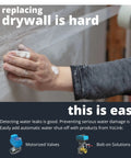 Repairing drywall with hand while highlighting benefits of automatic water shut-off products for leak detection.