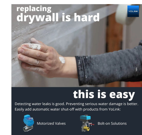 Hand smoothing drywall with text overlay about automatic water shut-off, promoting Smart Home Starter Kit With Hub And Two Water Leak Sensors LoRa Range Up To Quarter Mile Open Air Real Time Alerts Via SMS Text Email And Push Notifications Works With Alexa IFTTT And Home Assistant No Fuss Plug And Play Setup