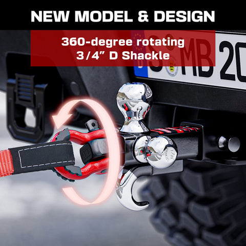 Tri Ball Trailer Hitch Mount With Hook And Pin And Rotatable Tow Shackle For 2 Inch Receiver Fits 1-7/8 Inch 2 Inch 2-5/16 Inch Hitch Balls Heavy Duty Powder Coat Finish Includes D Ring Shackle 5000 6000 10000 12000 Lbs with 360-degree rotating D shackle