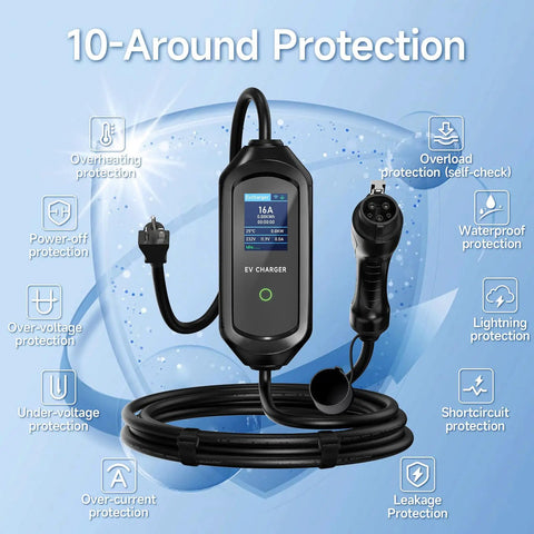 Hassle Free Level One EV Charger Built Tough For Weekend Drives Featuring A Twenty Five Foot Heavy Duty Cable Plus Smart Overload Protection, showcasing safety features.