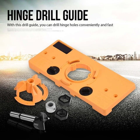 Front view of Respicefinem 35mm concealed hinge jig drill guide set in orange engineering plastic with mounting ring and adapters