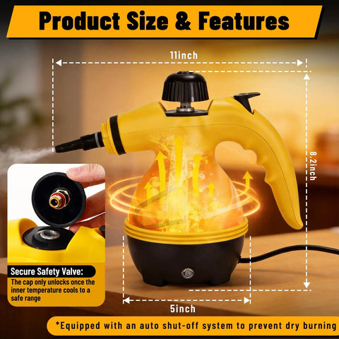 No Nonsense Heavy Duty Handheld Steam Cleaner Straight Up Killer Performance 475 Ml Tank showing size dimensions 11 x 8.2 x 5 inches.
