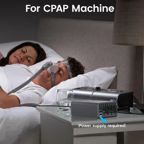 Couple sleeping with CPAP machine powered by Beast 400W Pure Sine Wave Car Inverter 12V To 110V AC Converter beside bed.