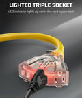 Heavy Duty 24 Inch 12 Gauge Indoor Tri Tap Extension Cord Pack Of 3 With LED Lighted Plug Yellow SJTW Contractor Grade Power Cable
