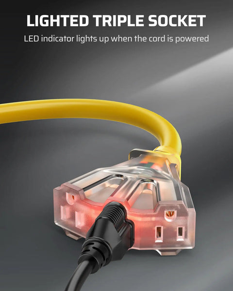 Heavy Duty 24 Inch 12 Gauge Indoor Tri Tap Extension Cord Pack Of 3 With LED Lighted Plug Yellow SJTW Contractor Grade Power Cable