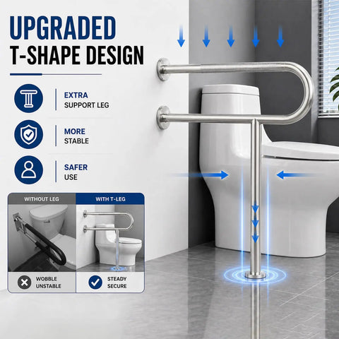 Rock Solid Floor Mounted Toilet Knurled Grab Bar With Leg Heavy Duty Brushed Nickel Stainless Steel Support Handle Bathroom Stand Assist Safety Rail 31 Inch, T-shape design.