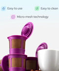 Purple Reusable K Cup Pods For Coffee Nerds Who DIY Their Brews BPA Free Universal Fit For 1.0 And 2.0 Brewers displayed with cup