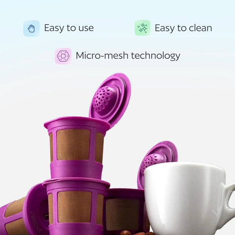 Purple Reusable K Cup Pods For Coffee Nerds Who DIY Their Brews BPA Free Universal Fit For 1.0 And 2.0 Brewers displayed with cup