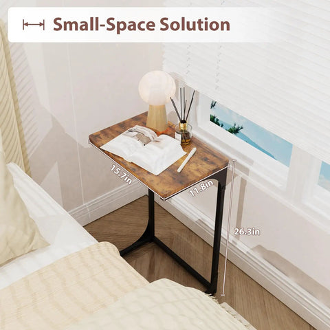 C Shaped End Table for Couch and Small Spaces, Under Sofa Side Table That Slides, TV Tray and Bedside Console, Brown Finish