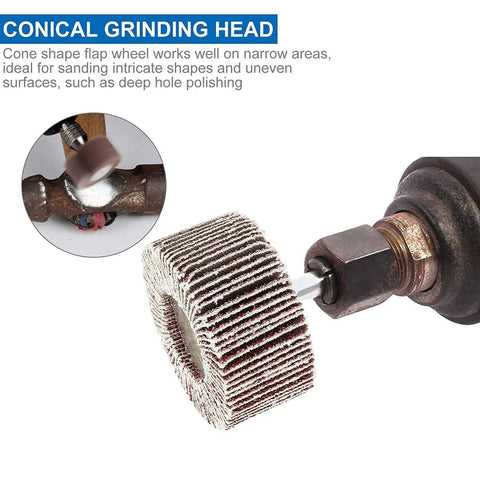 50 Pack Mounted Flap Wheels 1 Inch Diameter By 1 Inch Wide With 1/4 Inch Shank 80 Grit Aluminum Oxide in use on metal